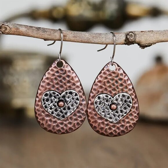 #35 Rustic Bohemian Boho Style Copper Teardrop Earrings with Heart Motif - Picture 1 of 2